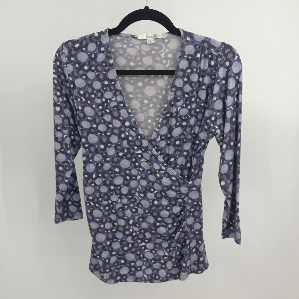 Boden Blue Purple Geometric Bubble Print Faux Wrap Top 3/4 Sleeve 6 Navy Casual